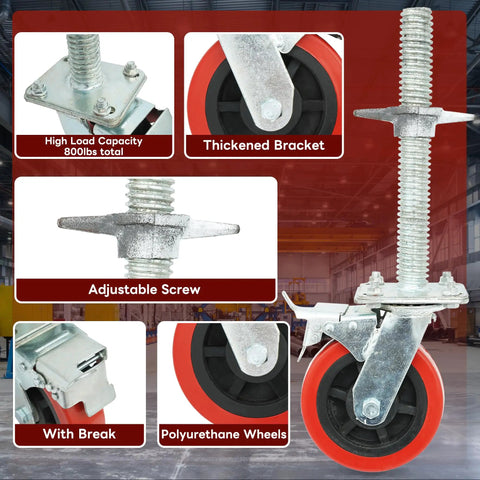 Tough As Nails 6 Inch Scaffolding Caster Wheels With Reliable Brake And Easy Adjustable Leveling Jacks, showcasing adjustable screw and polyurethane wheels.