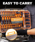 A mechanic holding a Beefy 86 Piece Magnetic Nut Driver Set And Impact Driver Bits With Quarter Inch Drive Sockets in a case