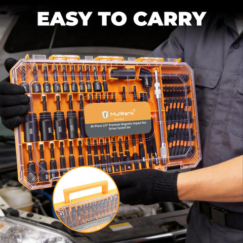 A mechanic holding a Beefy 86 Piece Magnetic Nut Driver Set And Impact Driver Bits With Quarter Inch Drive Sockets in a case