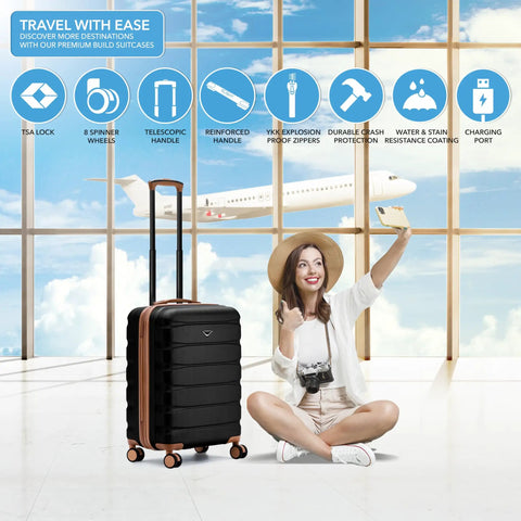 Expandable Hardside Carry On Luggage With USB C, TSA Lock, Quiet Dual Spinner Wheels in airport, black tan design