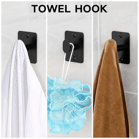 Matte Black 4 Piece Bathroom Hardware Set Including 24 Inch Towel Bar Towel Ring Toilet Paper Holder And Towel Hook Wall Mounted Rustproof Premium Metal, showing towel hook installed with towels and loofah.