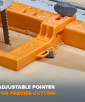 Clamp Edge Jigsaw Guide For Straight Cuts And Steady Tracking, Fits Most Jigsaws, Easy To Attach To Your Jigsaw For Smooth, Precise Cuts Every Time, The Go To Gear For DIY Woodworking Projects And Studio Upgrades, attached to wood, close-up view of adjustable pointer.
