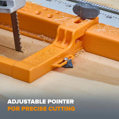 Clamp Edge Jigsaw Guide For Straight Cuts And Steady Tracking, Fits Most Jigsaws, Easy To Attach To Your Jigsaw For Smooth, Precise Cuts Every Time, The Go To Gear For DIY Woodworking Projects And Studio Upgrades, attached to wood, close-up view of adjustable pointer.