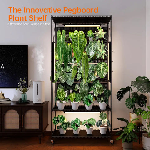 Plant Cabinet With Pegboard 3 Tier Grow Light Shelf Metal Plant Stand With Four Pack 96W Grow Lights For Indoor Plants Foliage