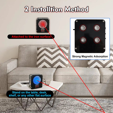DIY Light Sensitive Shooting Target Kit For Soldering Practice showcases two installation methods on sofa background