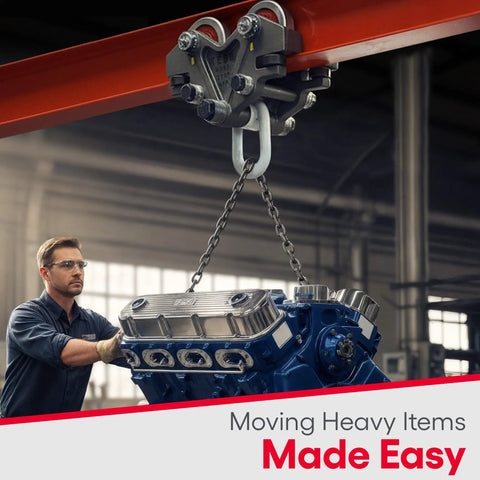 Beefy 2 Ton Beam Trolley Hand Push Conveyor For I Beams And Monorail Systems in use lifting engine block in factory