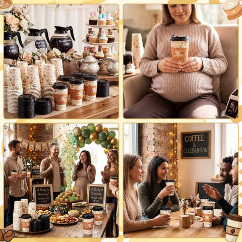 Straight Fire 50 Pack Party Bundle Includes 16 Oz Plastic Coffee Cups With Secure Black Lids And Extra Warm Insulated Sleeves crafted for a baby brewing celebration.