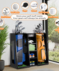 Wooden Golf Storage Organizer For Garage With Premium Bag Holder Rack showing two bags and accessories, dark black finish.