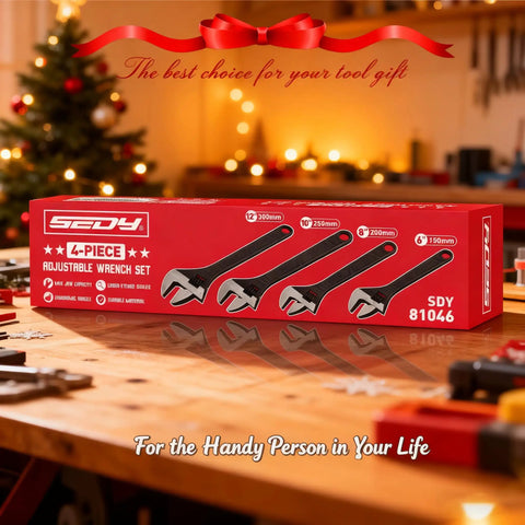 4 Piece Adjustable Wrench Set with 6, 8, 10, 12 inch sizes in chrome vanadium steel, gift box displayed on a table.