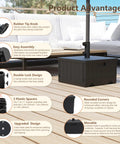 All In One Outdoor Umbrella Base With Rolling Wheels And Planter Box shown with features and benefits on patio deck