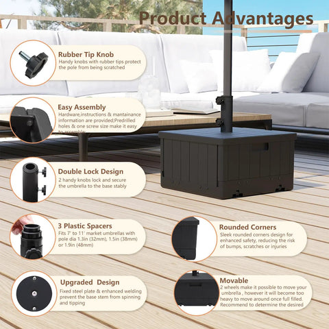 All In One Outdoor Umbrella Base With Rolling Wheels And Planter Box shown with features and benefits on patio deck