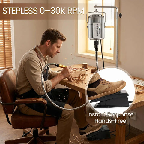 Man using Beast 1200W Flex Shaft Rotary Tool With 30000 RPM Variable Speed for wood carving with foot pedal in workshop