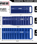 Blue Magnetic Socket Organizer Set for 1/4 Inch, 3/8 Inch, and 1/2 Inch Drives, Holds 76 Sockets, blue plastic construction