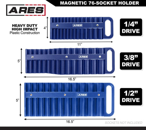 Blue Magnetic Socket Organizer Set for 1/4 Inch, 3/8 Inch, and 1/2 Inch Drives, Holds 76 Sockets, blue plastic construction