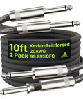 Heavy Duty Two Pack Guitar Cable Ten Foot Each With Kevlar Reinforced 20 AWG 99.99 Percent OFC Copper, coiled and labeled