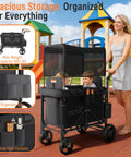 Double Wagon Stroller For Two Kids With Canopy and Generous Storage, shown with seating for toddlers and organizer bag in a playground.