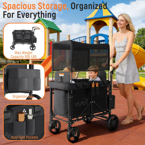 Double Wagon Stroller For Two Kids With Canopy and Generous Storage, shown with seating for toddlers and organizer bag in a playground.