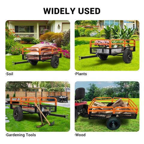 Beefy Heavy Duty Steel Dump Cart loaded with soil, plants, gardening tools, and wood for ATVs and UTVs, 1500 lb capacity