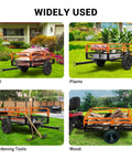 Beast Utility Dump Cart With 1600 Lb Capacity And 15 Cu Ft Steel Trailer shown hauling soil, plants, tools, and wood on lawn