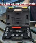 ER32 R8 Collet Chuck Holder With 11 Piece ER32 Collet Set And Wrench for Milling Machine in open black case on table