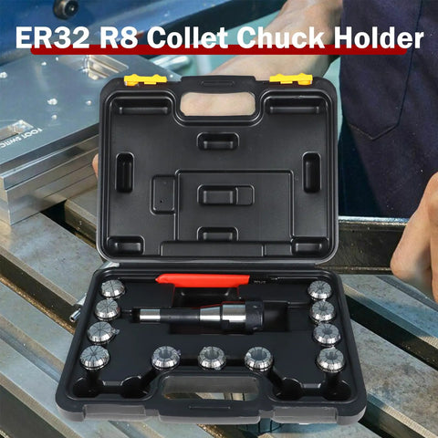 ER32 R8 Collet Chuck Holder With 11 Piece ER32 Collet Set And Wrench for Milling Machine in open black case on table