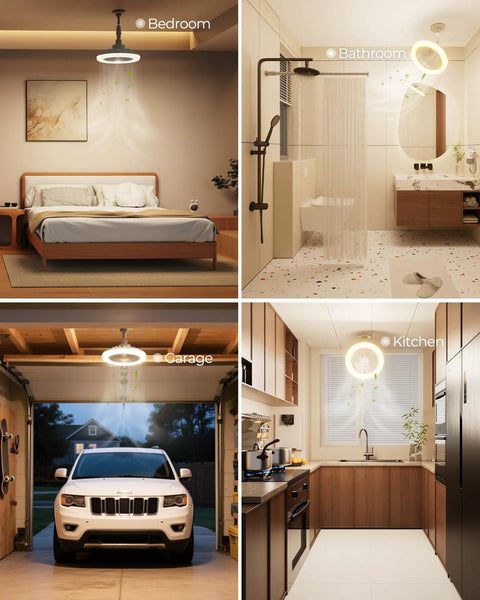 Adjustable Socket Fan Light With Remote And Extender for various rooms including bedroom, bathroom, garage, and kitchen with enclosed LED bulb.