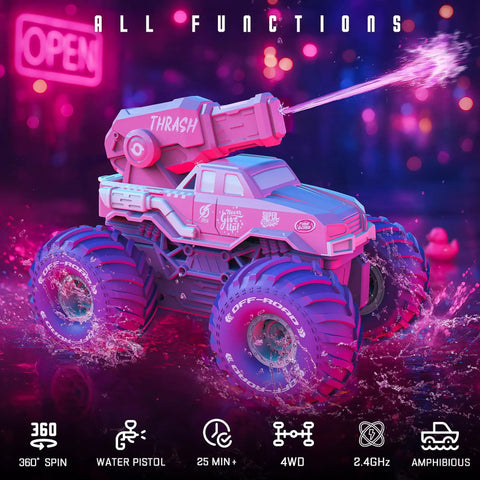 Amphibious 3-In-1 RC Stunt Car For Kids, 4WD Offroad That Transforms To Water Boat With Built-In Water Gun, Pink Monster Truck