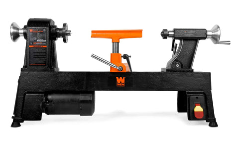 WEN LA3424 benchtop wood lathe, 12x18 in, black with orange handwheel, 5-speed.