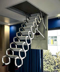 Electric Attic Ladder With A Slick Hidden Retractable Ceiling Hatch And Heavy Duty Telescoping Handrail extended from ceiling.
