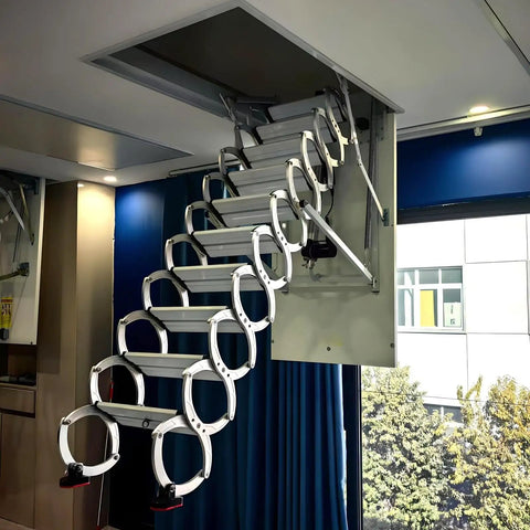 Electric Attic Ladder With A Slick Hidden Retractable Ceiling Hatch And Heavy Duty Telescoping Handrail extended from ceiling.