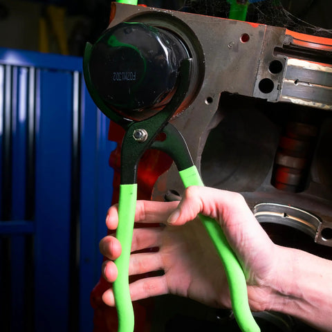 Beefy Oil Filter Pliers For Tight Spots, Adjustable Jaw Fits Two And A Half Inch To Four And Five Eighths Inch Filters used on car engine