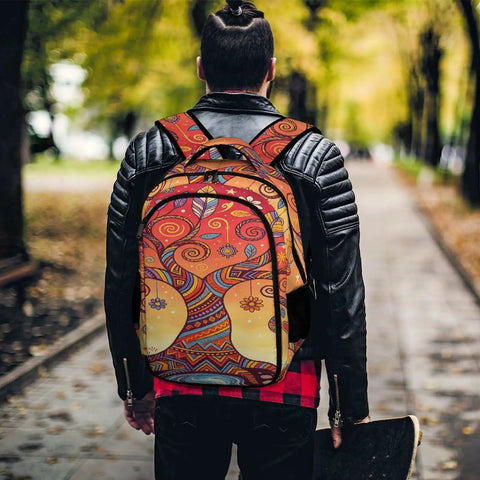 Person wearing Dope Swirl Tree Moon Print Unisex Backpack With Large Capacity Durable Polyester Daypack in park