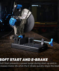 Front view of 14-inch heavy-duty metal cutting chop saw on stand with blue handle and clamp