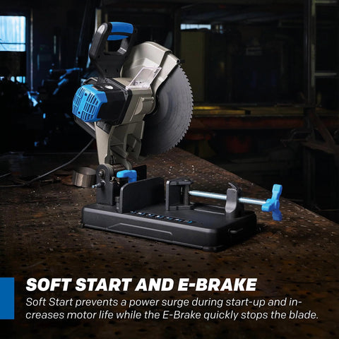 Front view of 14-inch heavy-duty metal cutting chop saw on stand with blue handle and clamp