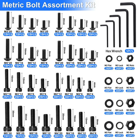 3160 Piece Flange Bolt And Metric Screw Assortment Kit With Nuts Washers And Wrench M2 Through M10 Fasteners labeled sizes