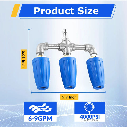 3-In-1 Turbo Nozzle For Pressure Washer With 360 Degree Rotating Jet Streams That Clean Tough Grime Fast And Make Scrubbing Way Easier, 4000 PSI, 4-6 GPM, 1 Quarter Inch Quick Connect, 2.0 Orifice, Blue, showing dimensions