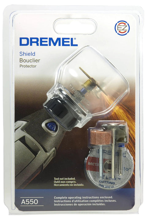 Zero Mess Spark Shield And Accessory Bundle For Rotary Tools Slick Spring Guard with Dremel tool shield and accessories in packaging.