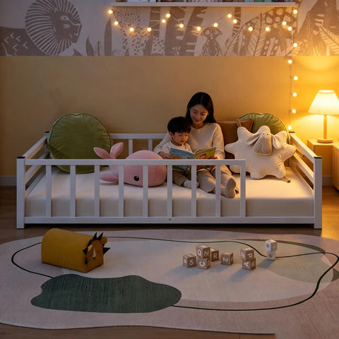 Toddler Floor Bed With Rails And Door, Montessori Low Profile Metal Platform Bed, child reading with parent in cozy room