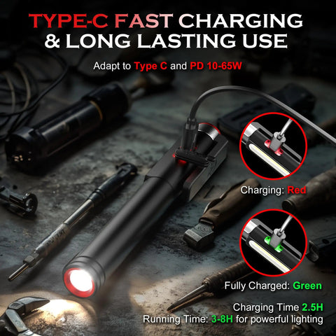 Rechargeable Pen Light With 800 Lumens LED, 6 Modes, COB Floodlight Magnetic Clip, showing charging status and features