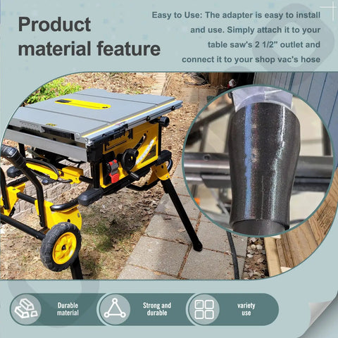 Heavy Duty Table Saw Dust Collection Adapter Two And A Half Inch Outlet Down To One And Seven Eighths Inch Vacuum Hose Universal Fit For Table Saws And Shop Vacuums Works With DWE7491 DWE7491RS shown attached to table saw.