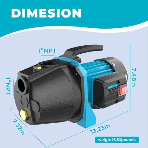 Side view of 1.1HP Shallow Well Pump For Garden And Lawn Irrigation, Water Transfer And Drainage, 1200 GPH At 115V