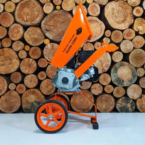 Powerful 6HP Gas Wood Chipper Self Feeding With 208CC 4 Stroke Engine beside stacked wood logs