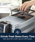 One Touch Espresso Machine With Automatic Milk Frother And Built In Grinder For Barista Level Lattes And Cappuccinos Dead Simple Top Shelf Silver Kitchen Setup with open bean compartment.
