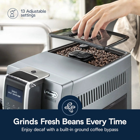 One Touch Espresso Machine With Automatic Milk Frother And Built In Grinder For Barista Level Lattes And Cappuccinos Dead Simple Top Shelf Silver Kitchen Setup with open bean compartment.