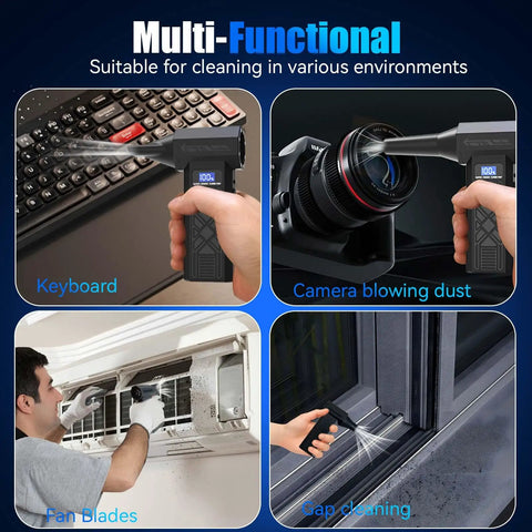 Three In One Electric Air Duster with Four Gear Adjustable Powerful Handheld Blower cleaning keyboard, camera, fan, and window gap