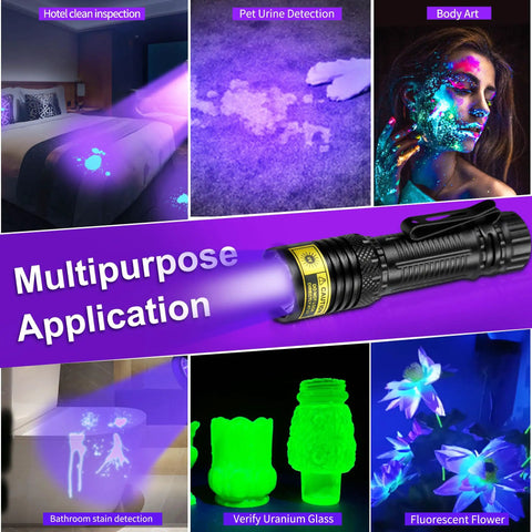 Pocket Sized Tiny But Mighty 395 Nm UV Flashlight USB C Rechargeable Black Light for multiple detection uses.