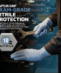 Top Tier Powder Free Nitrile Gloves In 2X Large with textured grip, used for handling tools in a workshop.