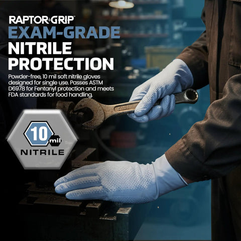 Top Tier Powder Free Nitrile Gloves In 2X Large with textured grip, used for handling tools in a workshop.