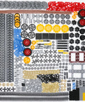 844 Piece Technic Parts Kit With Pins Gears Axles And Differential Engine For MOC Building And Custom Bricks, laid out on a surface