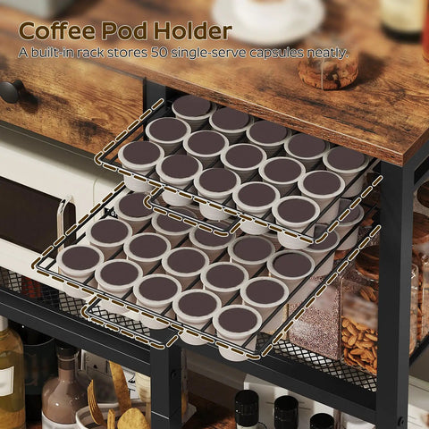 Rustic Brown Five Tier Bakers Rack With Storage And Pod Drawer Holder Dope Coffee Bar Station for Living Room shown with pods